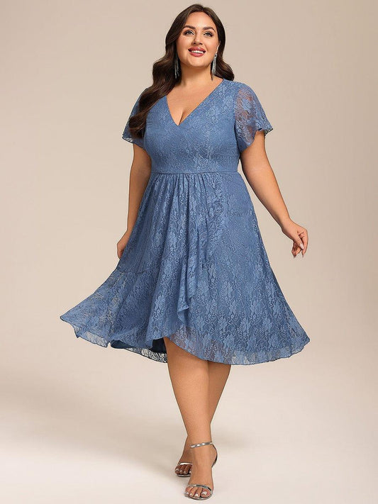 pretty PALOMA|Plus Size Lace Lotus Leaf Ruffles Sleeve Midi Wedding Guest Dress