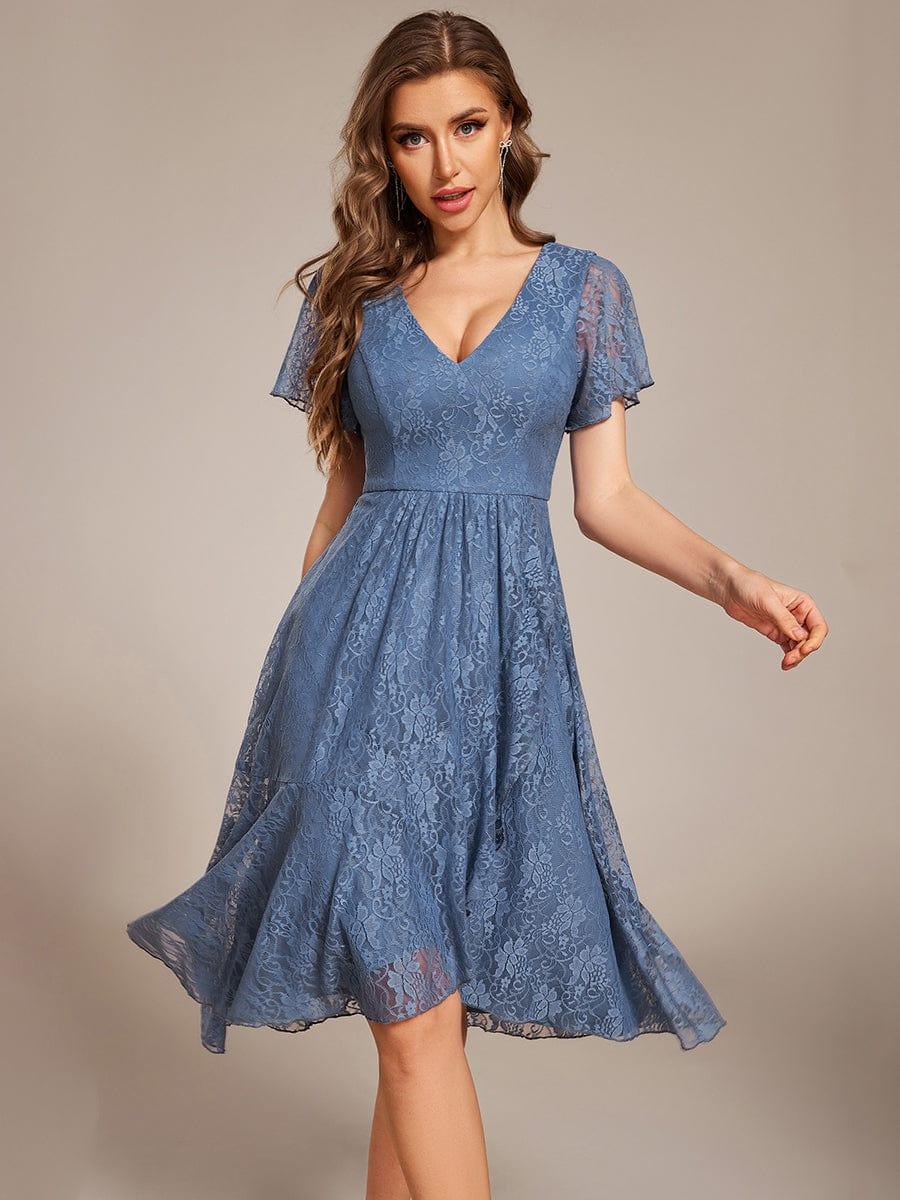 ever PALOMA|V-Neck Lace Lotus Leaf Ruffles Sleeve Midi Length Wedding Guest Dress