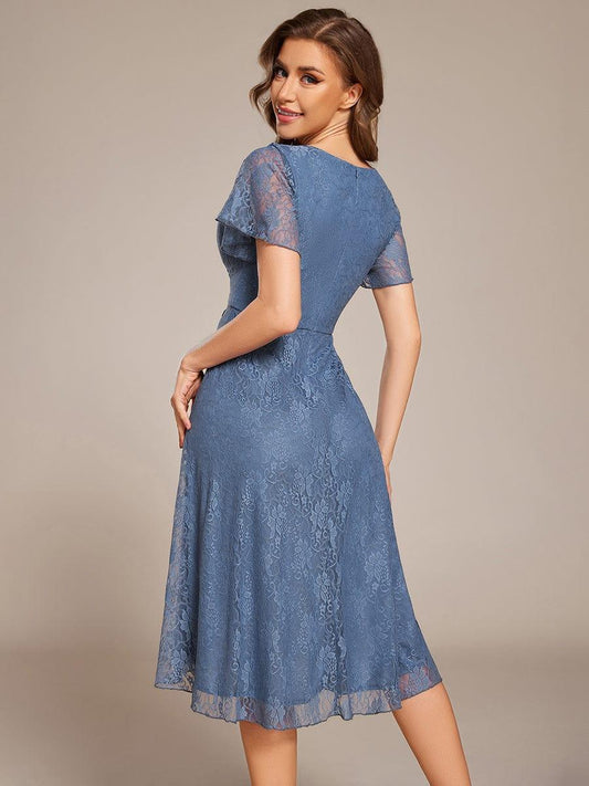 ever PALOMA|V-Neck Lace Lotus Leaf Ruffles Sleeve Midi Length Evening Dress