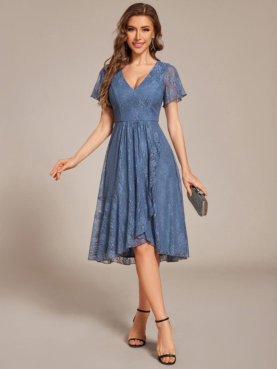 ever PALOMA|V-Neck Lace Lotus Leaf Ruffles Sleeve Midi Length Evening Dress