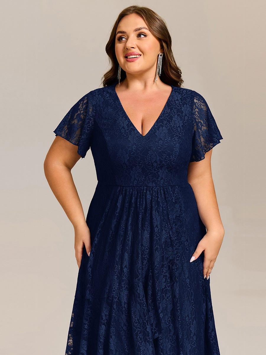 ever PALOMA|V-Neck Lace Lotus Leaf Ruffles Sleeve Midi Length Wedding Guest Dress