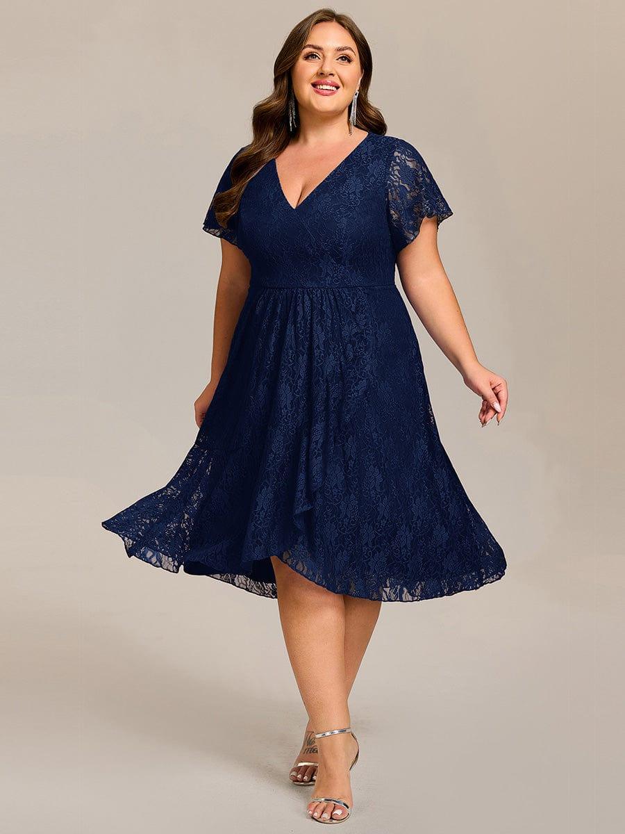 ever PALOMA|V-Neck Lace Lotus Leaf Ruffles Sleeve Midi Length Evening Dress