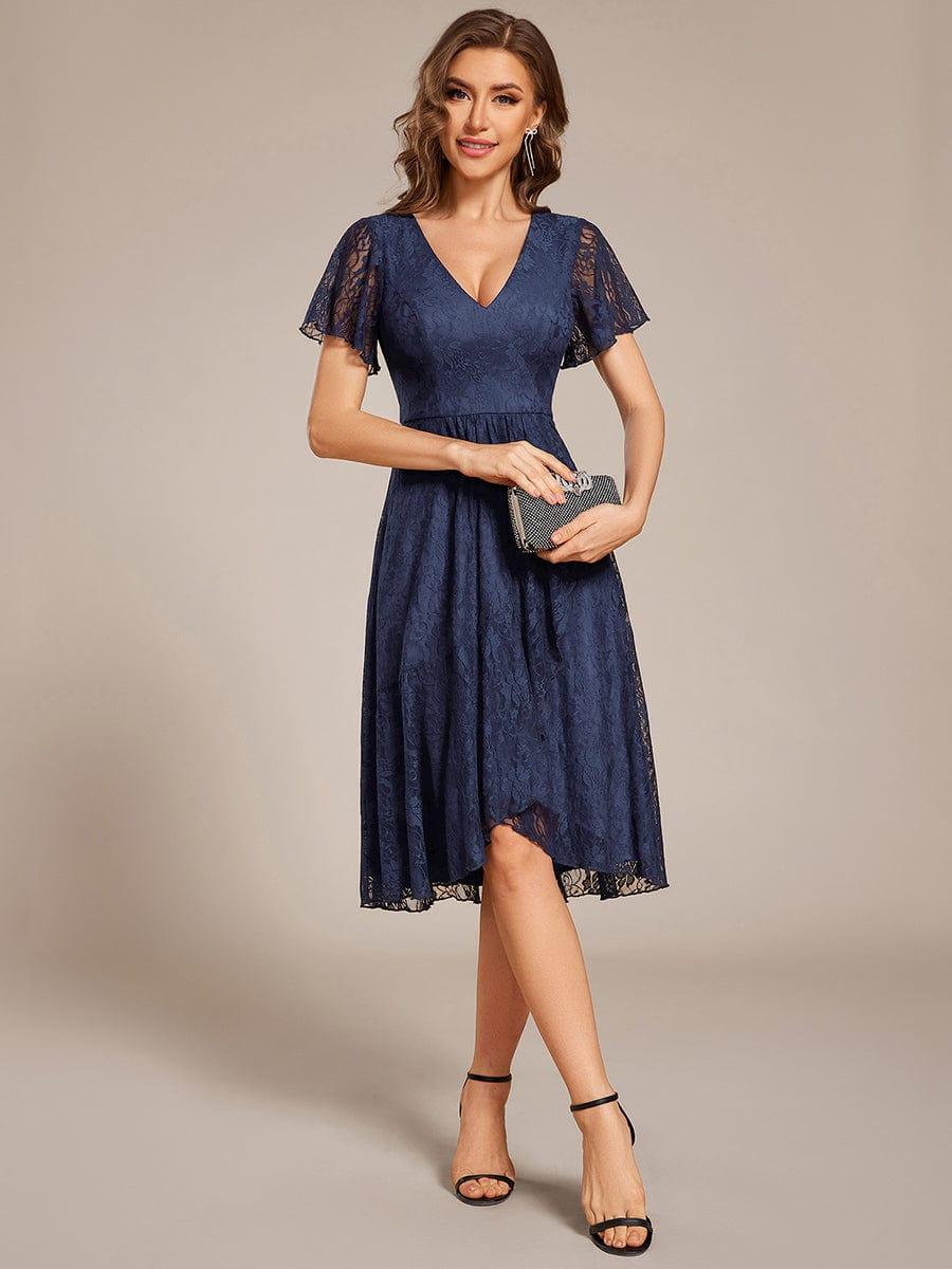 ever PALOMA|V-Neck Lace Lotus Leaf Ruffles Sleeve Midi Length Evening Dress
