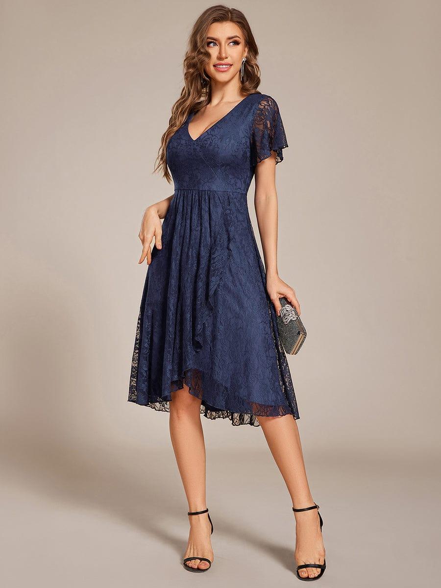 ever PALOMA|V-Neck Lace Lotus Leaf Ruffles Sleeve Midi Length Evening Dress