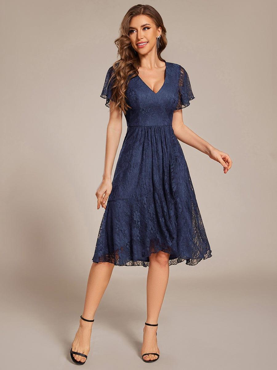 ever PALOMA|V-Neck Lace Lotus Leaf Ruffles Sleeve Midi Length Evening Dress