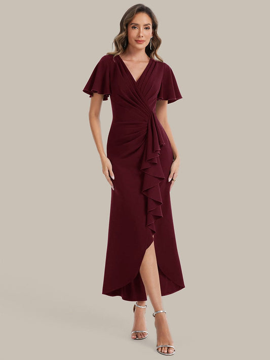 Thigh-High Slit Knit Ruffle Sleeve Dress