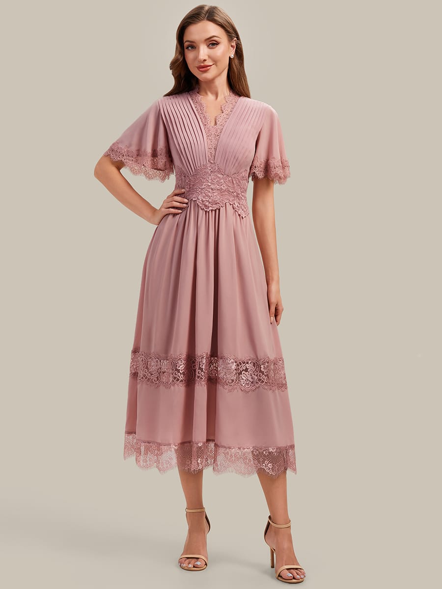 Cut-Out Detail Chiffon Ruffle Sleeve Dress
