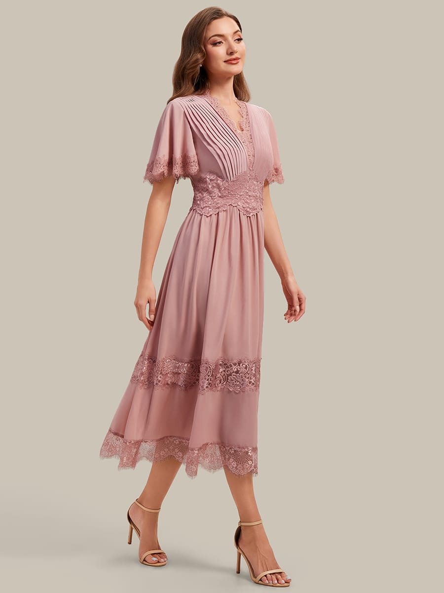 Cut-Out Detail Chiffon Ruffle Sleeve Dress