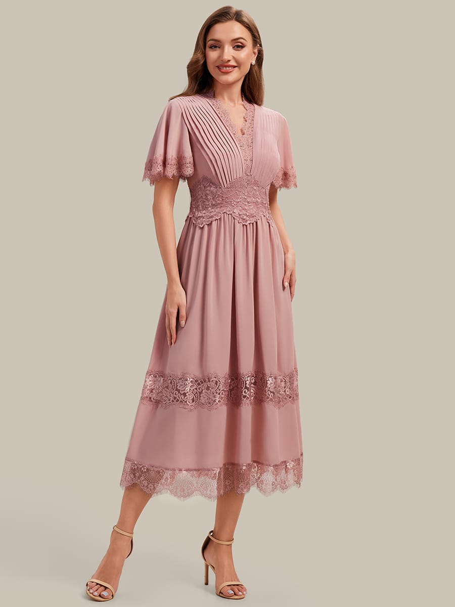 Cut-Out Detail Chiffon Ruffle Sleeve Dress
