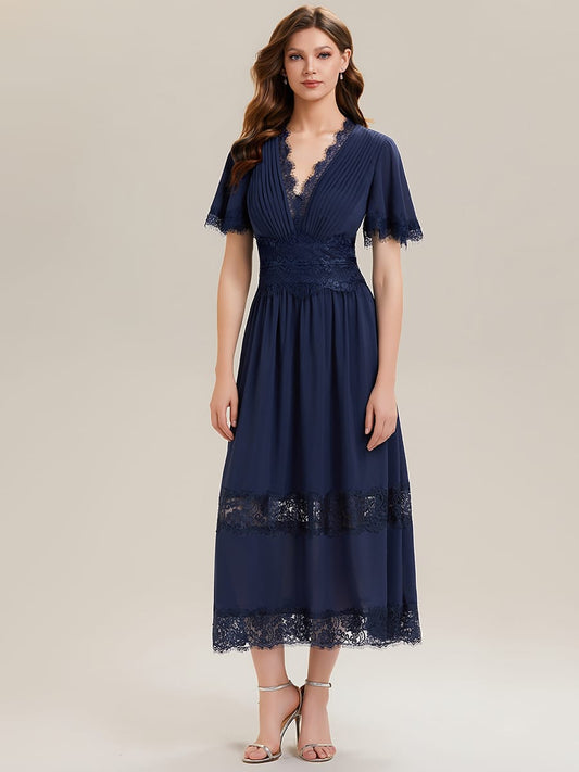 Cut-Out Detail Chiffon Ruffle Sleeve Dress