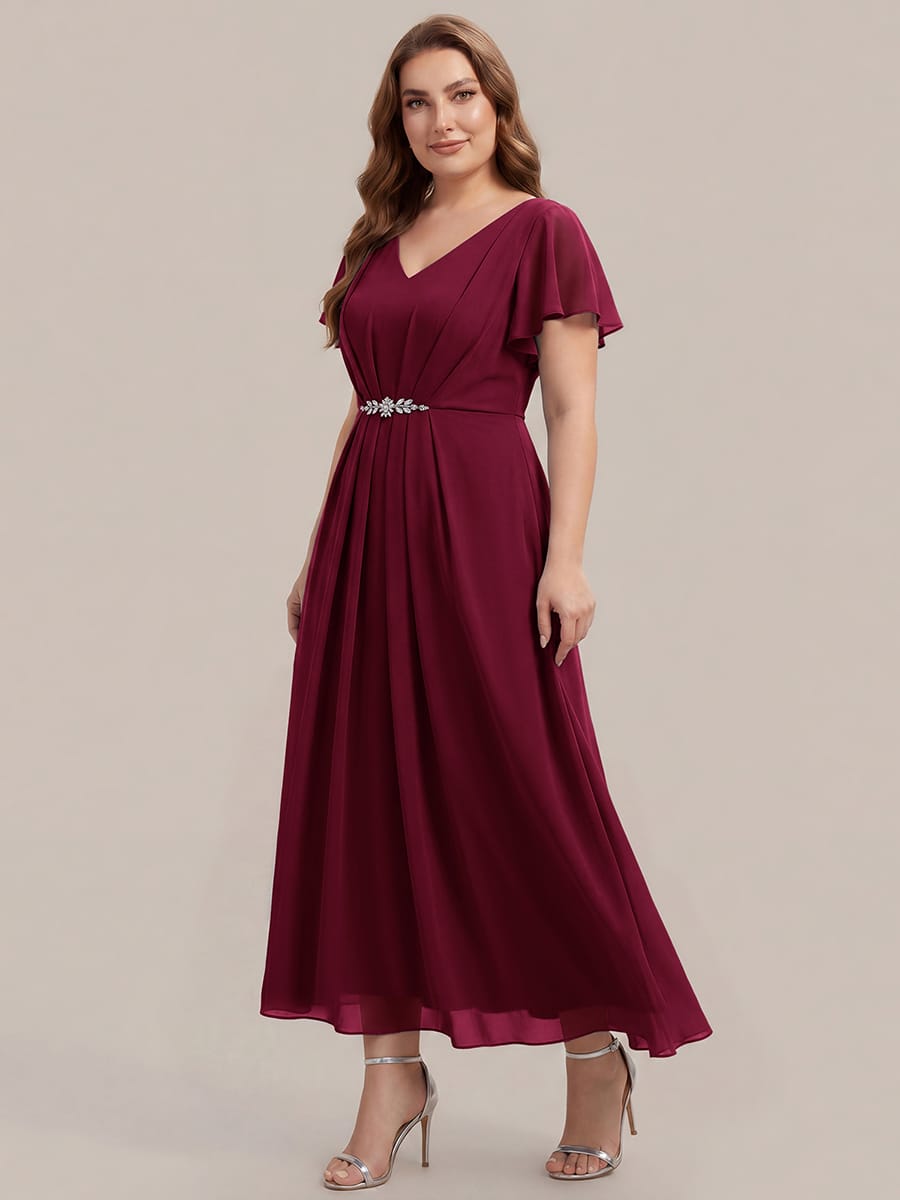 Rhinestone Embellished Chiffon Ruffle Sleeve Dress