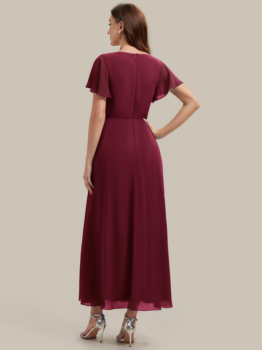 Rhinestone Embellished Chiffon Ruffle Sleeve Dress