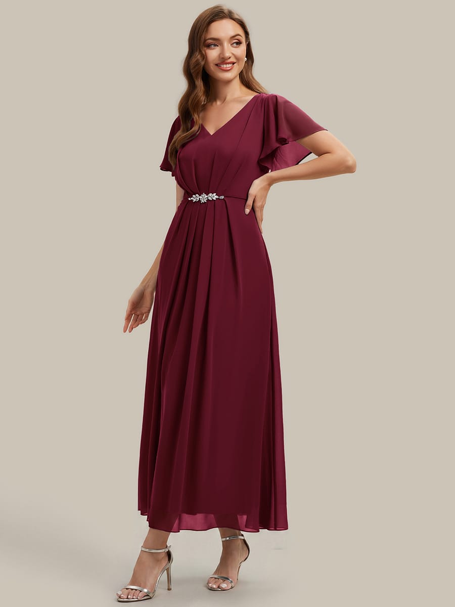 Rhinestone Embellished Chiffon Ruffle Sleeve Dress