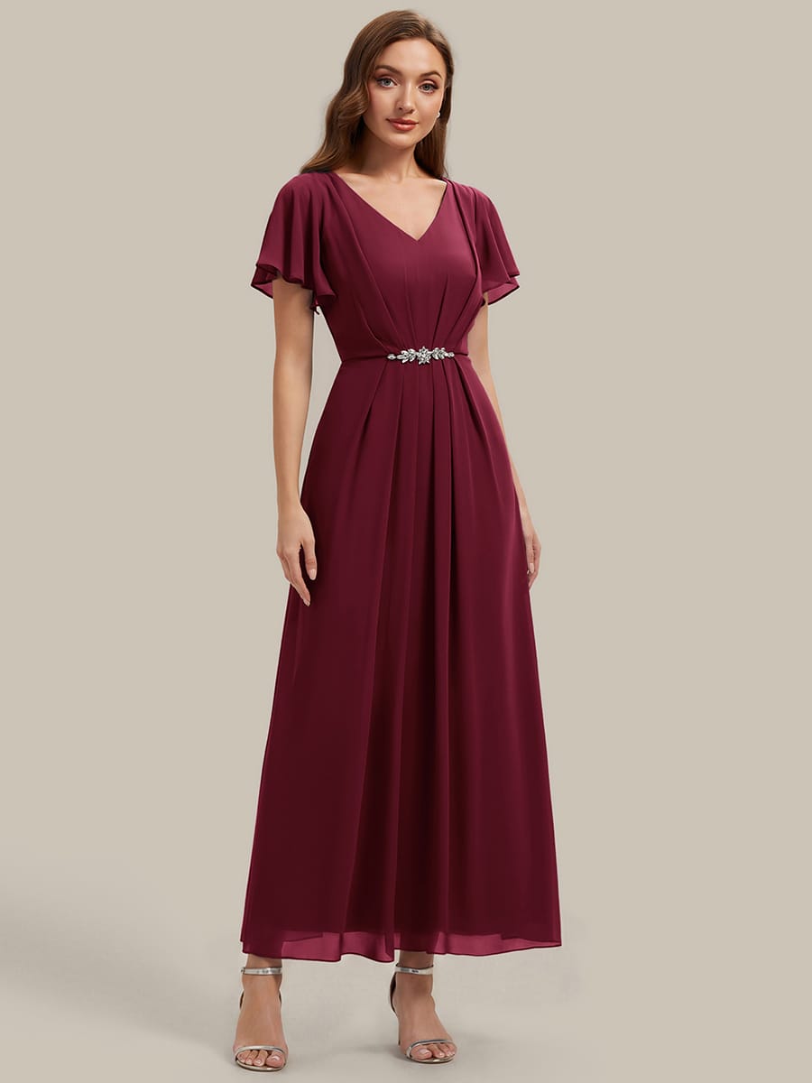 Rhinestone Embellished Chiffon Ruffle Sleeve Dress