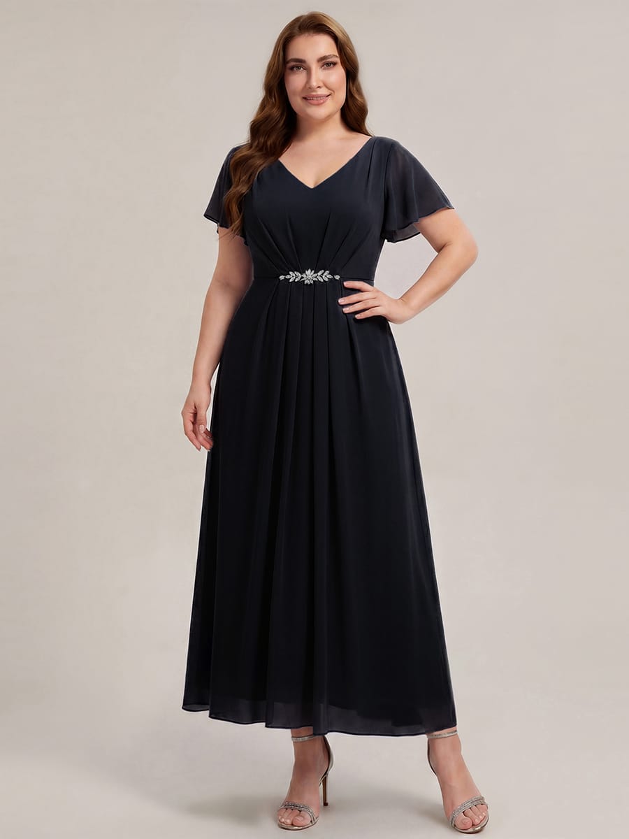 Rhinestone Embellished Chiffon Ruffle Sleeve Dress