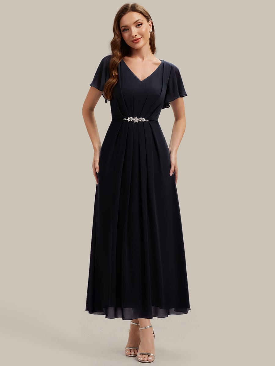 Rhinestone Embellished Chiffon Ruffle Sleeve Dress