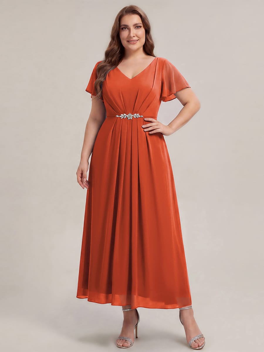 Rhinestone Embellished Chiffon Ruffle Sleeve Dress