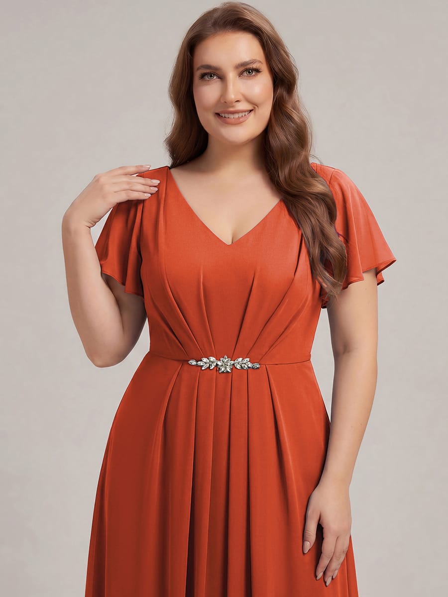 Rhinestone Embellished Chiffon Ruffle Sleeve Dress