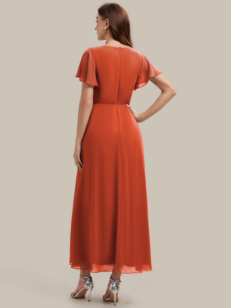 Rhinestone Embellished Chiffon Ruffle Sleeve Dress