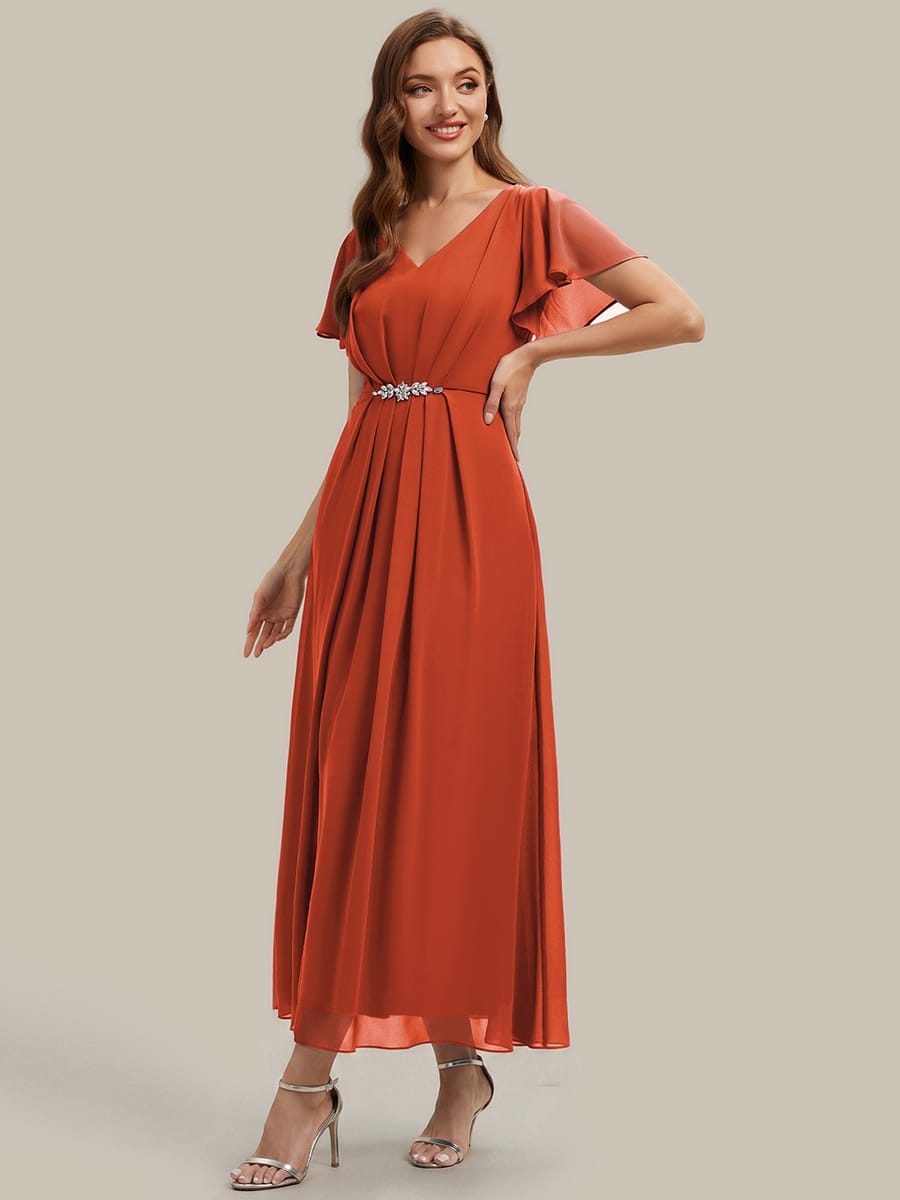 Rhinestone Embellished Chiffon Ruffle Sleeve Dress