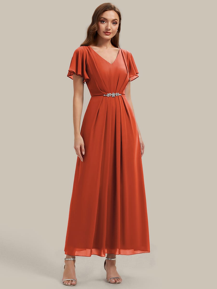 Rhinestone Embellished Chiffon Ruffle Sleeve Dress