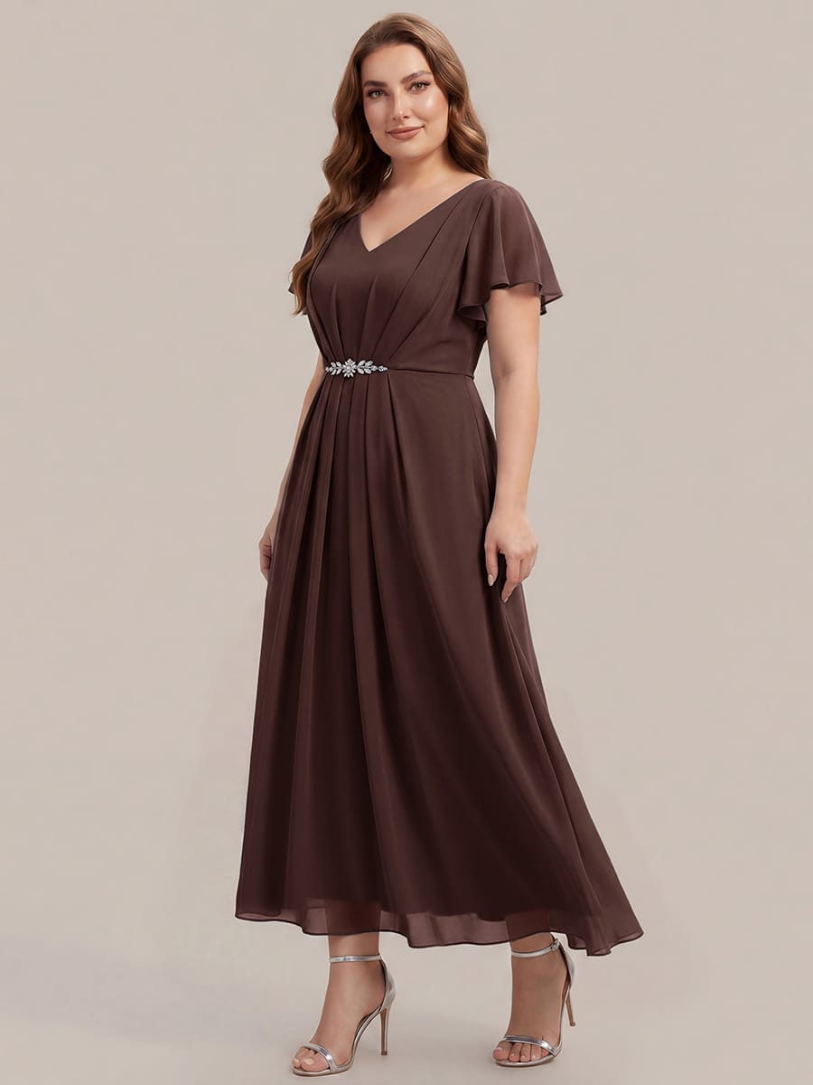 Rhinestone Embellished Chiffon Ruffle Sleeve Dress