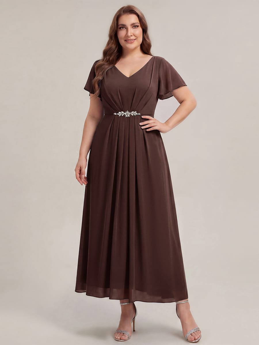 Rhinestone Embellished Chiffon Ruffle Sleeve Dress