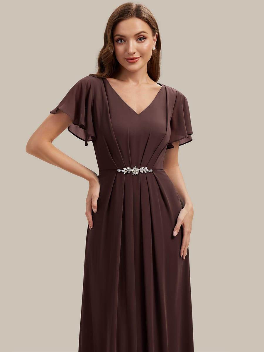 Rhinestone Embellished Chiffon Ruffle Sleeve Dress