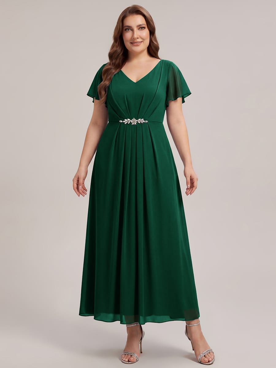 Rhinestone Embellished Chiffon Ruffle Sleeve Dress