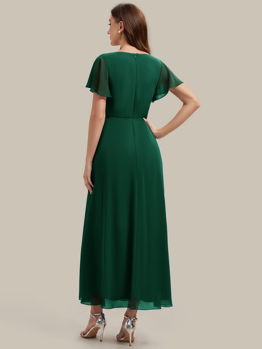 Rhinestone Embellished Chiffon Ruffle Sleeve Dress