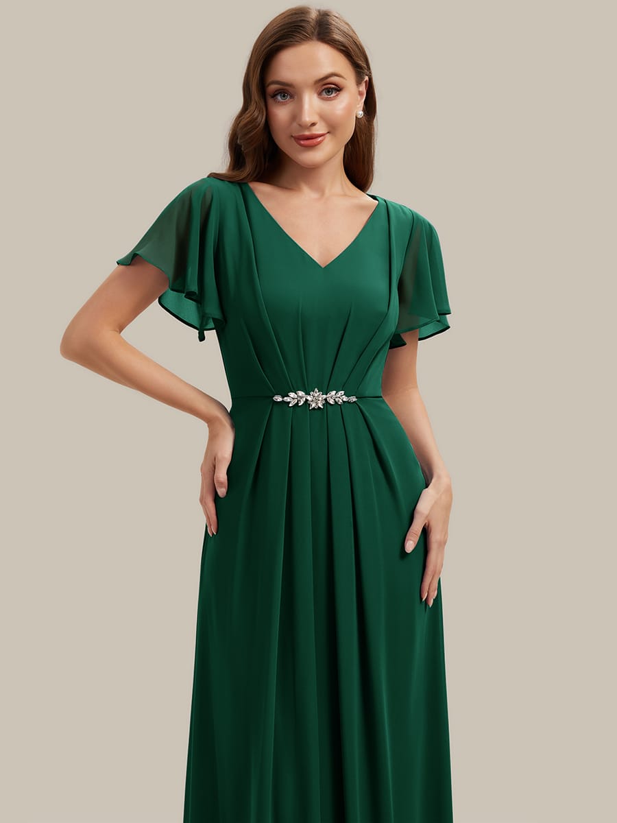 Rhinestone Embellished Chiffon Ruffle Sleeve Dress
