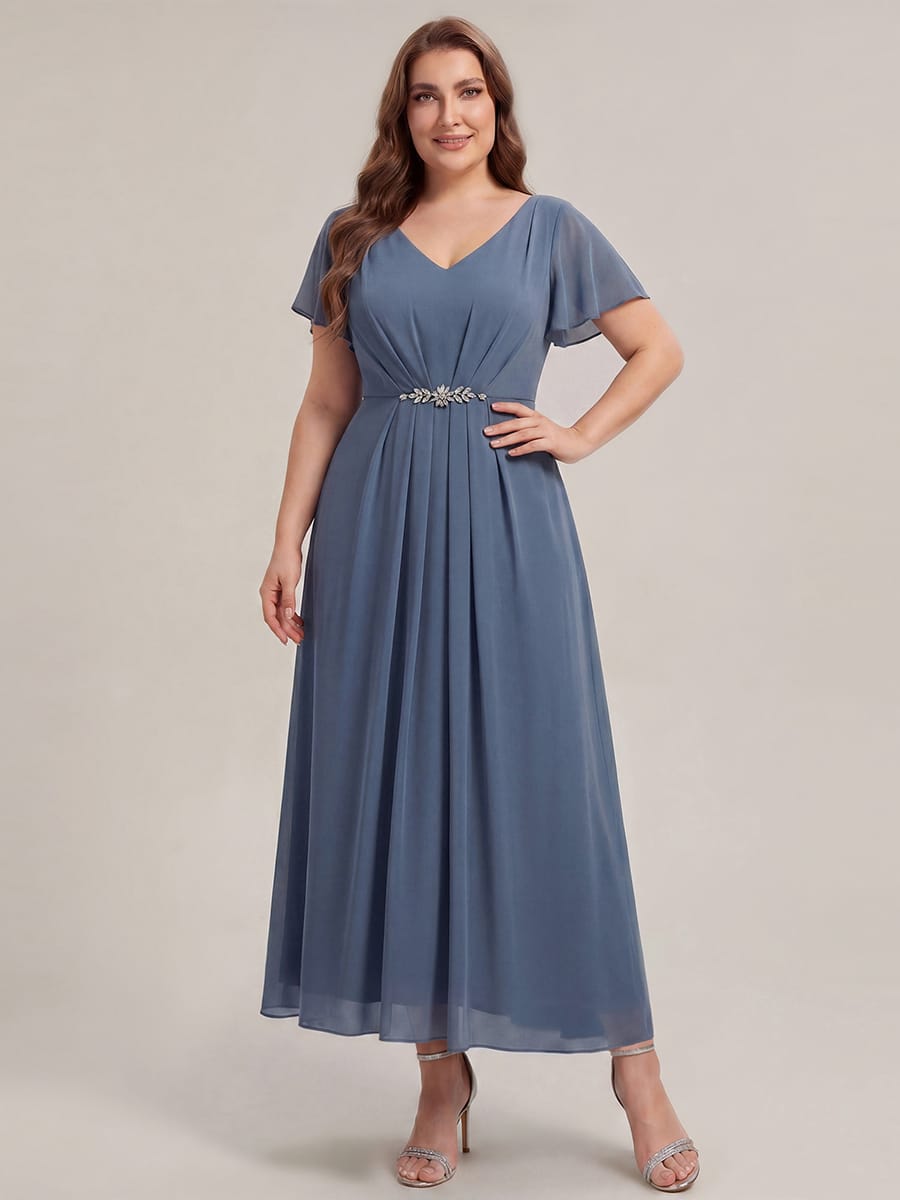 Rhinestone Embellished Chiffon Ruffle Sleeve Dress