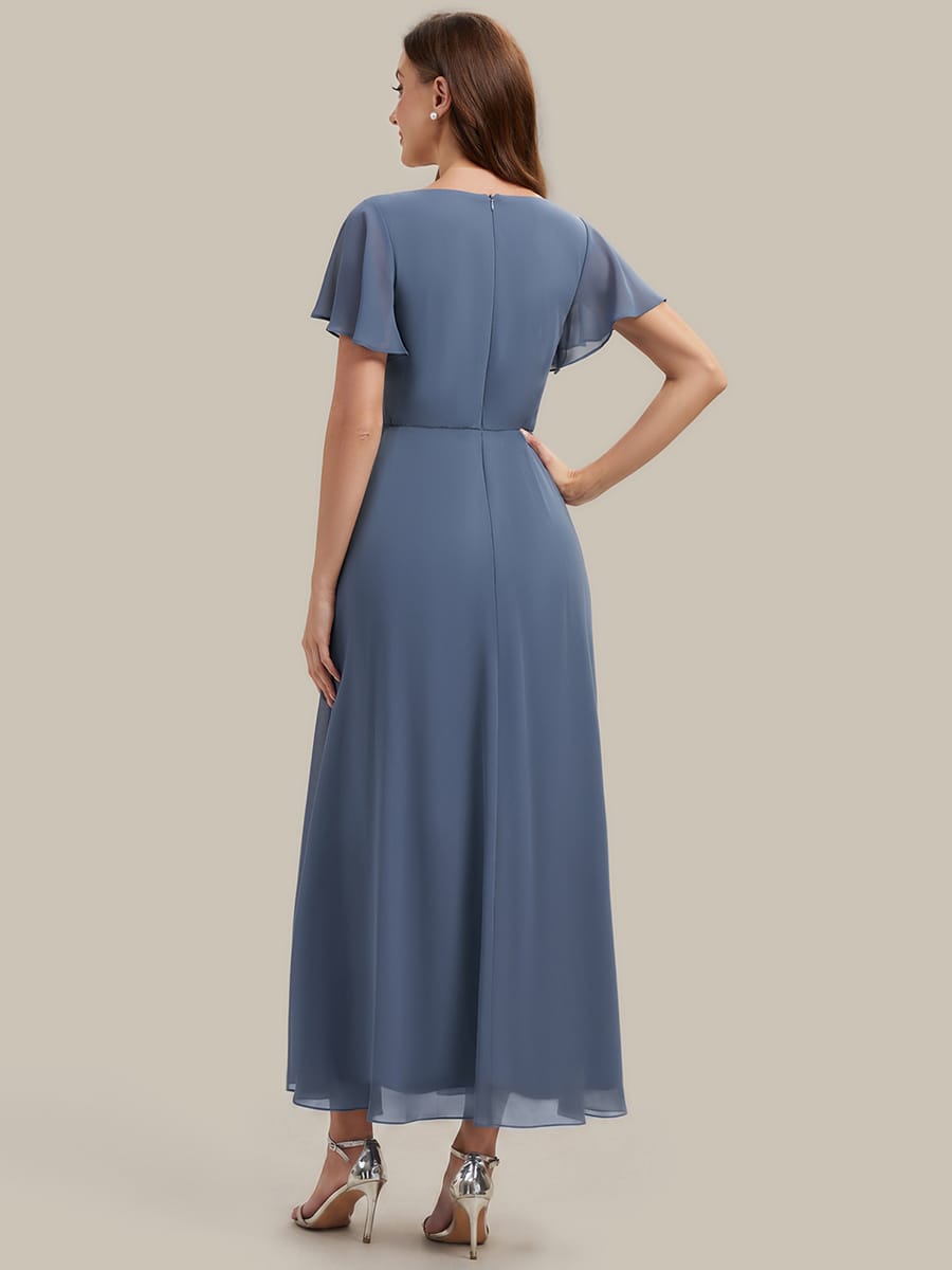Rhinestone Embellished Chiffon Ruffle Sleeve Dress