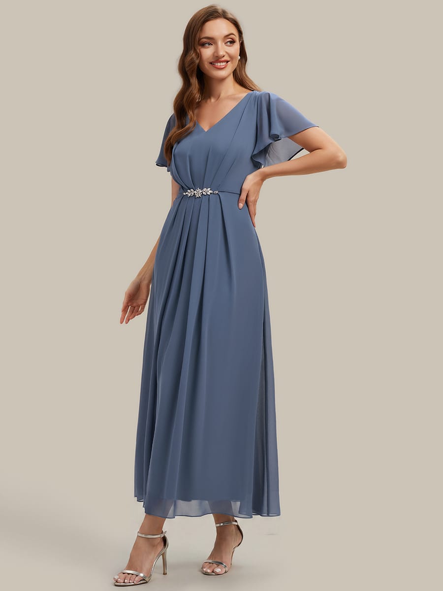 Rhinestone Embellished Chiffon Ruffle Sleeve Dress