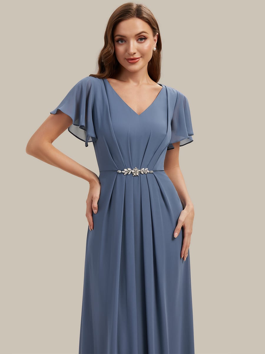Rhinestone Embellished Chiffon Ruffle Sleeve Dress