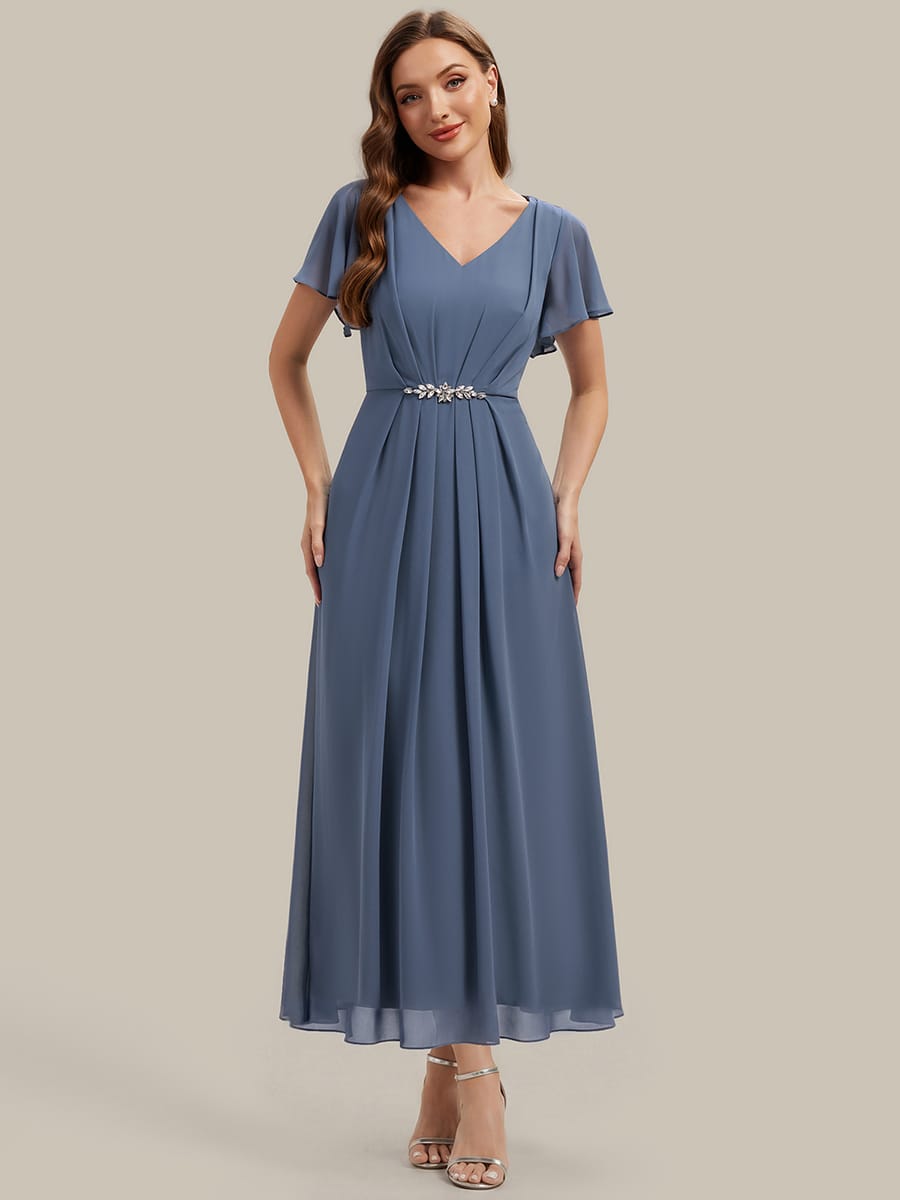 Rhinestone Embellished Chiffon Ruffle Sleeve Dress