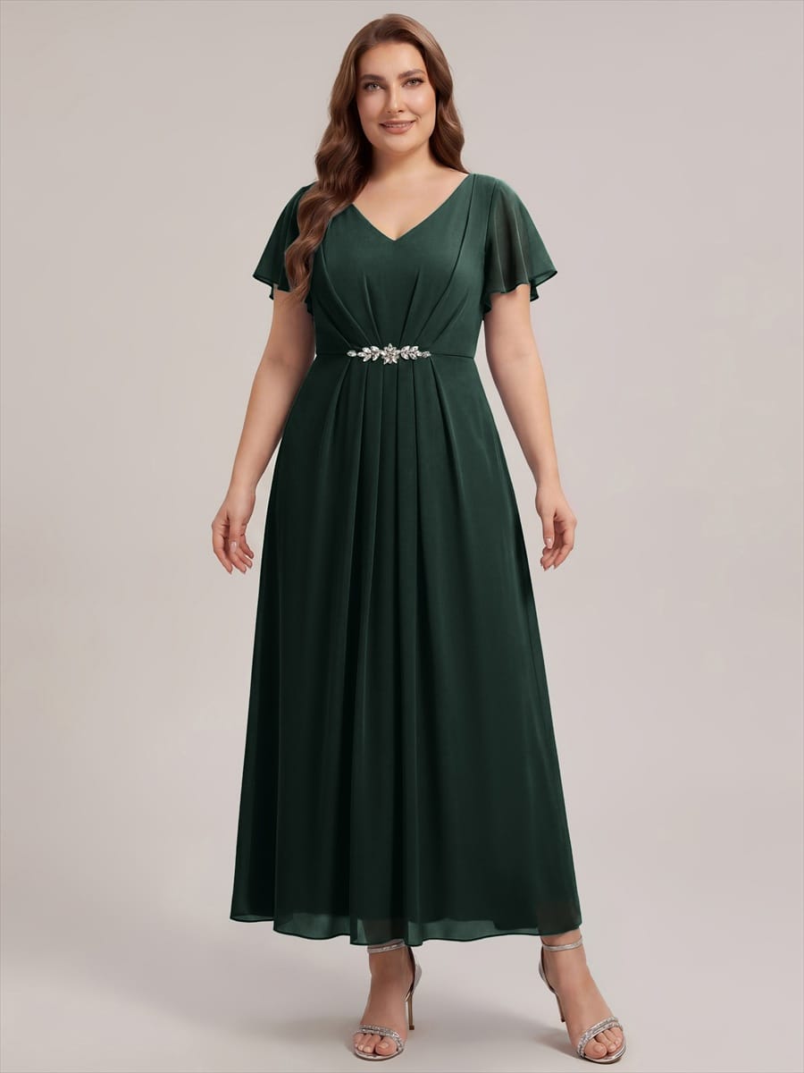 Rhinestone Embellished Chiffon Ruffle Sleeve Dress