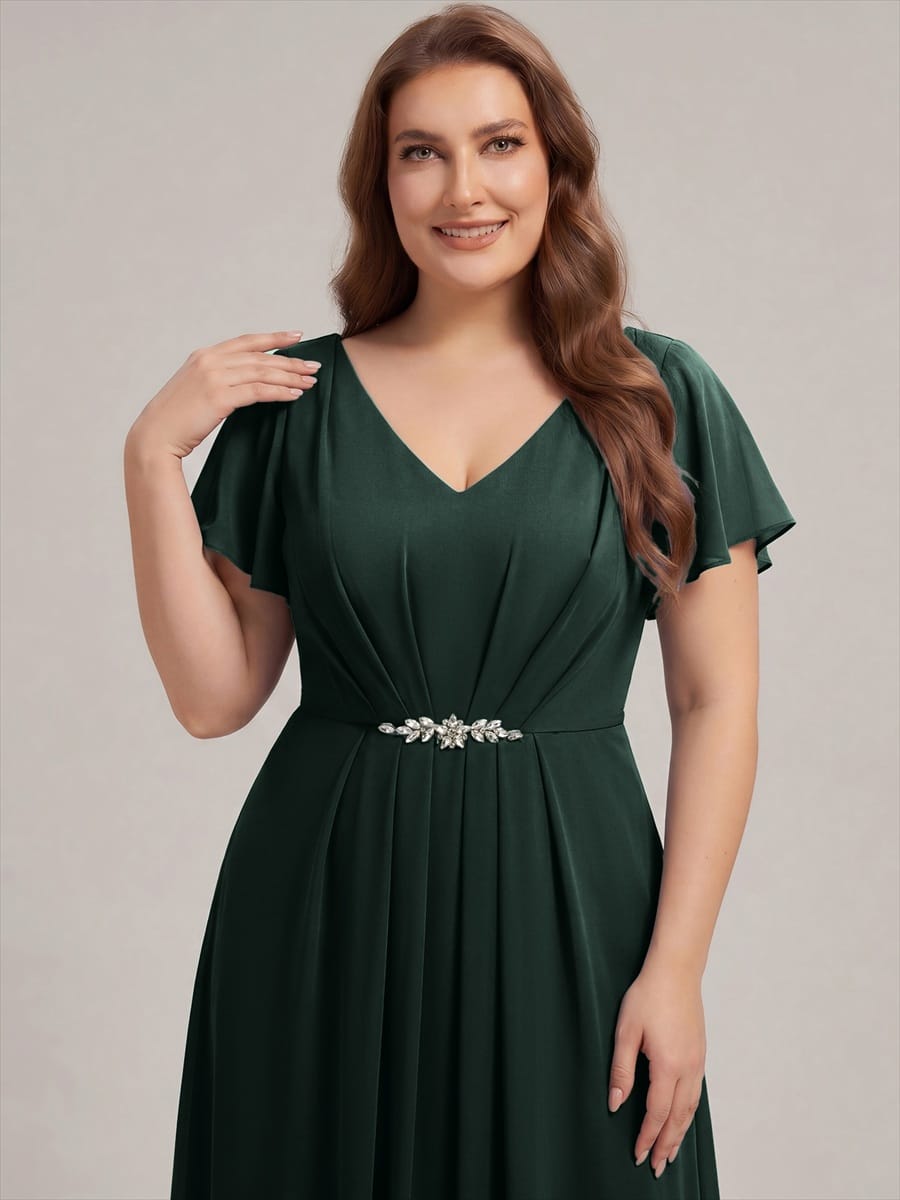 Rhinestone Embellished Chiffon Ruffle Sleeve Dress
