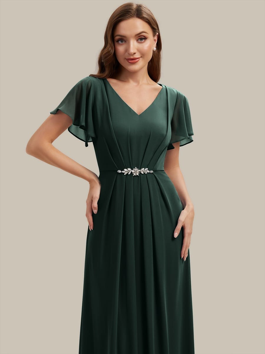 Rhinestone Embellished Chiffon Ruffle Sleeve Dress