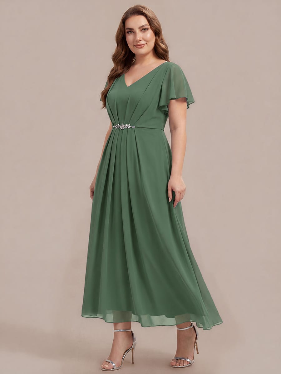 Rhinestone Embellished Chiffon Ruffle Sleeve Dress
