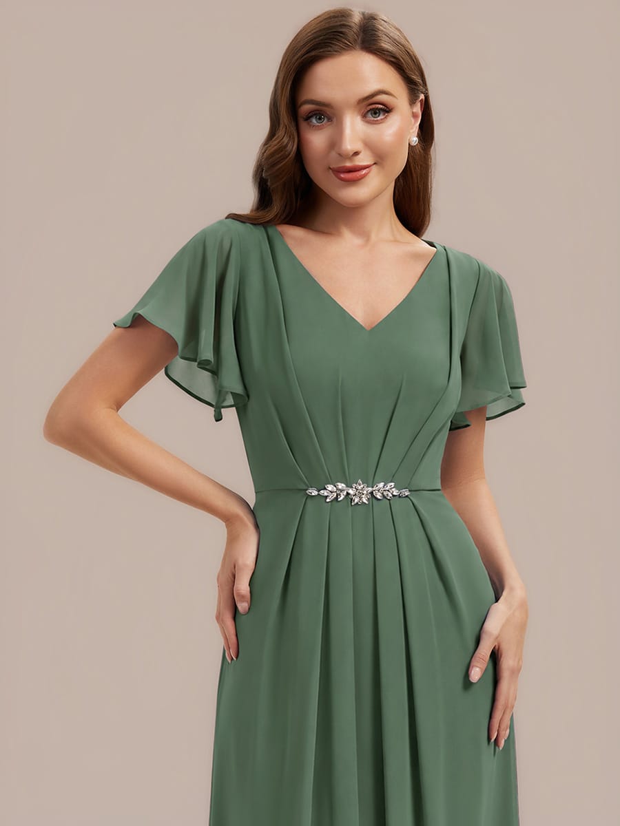 Rhinestone Embellished Chiffon Ruffle Sleeve Dress