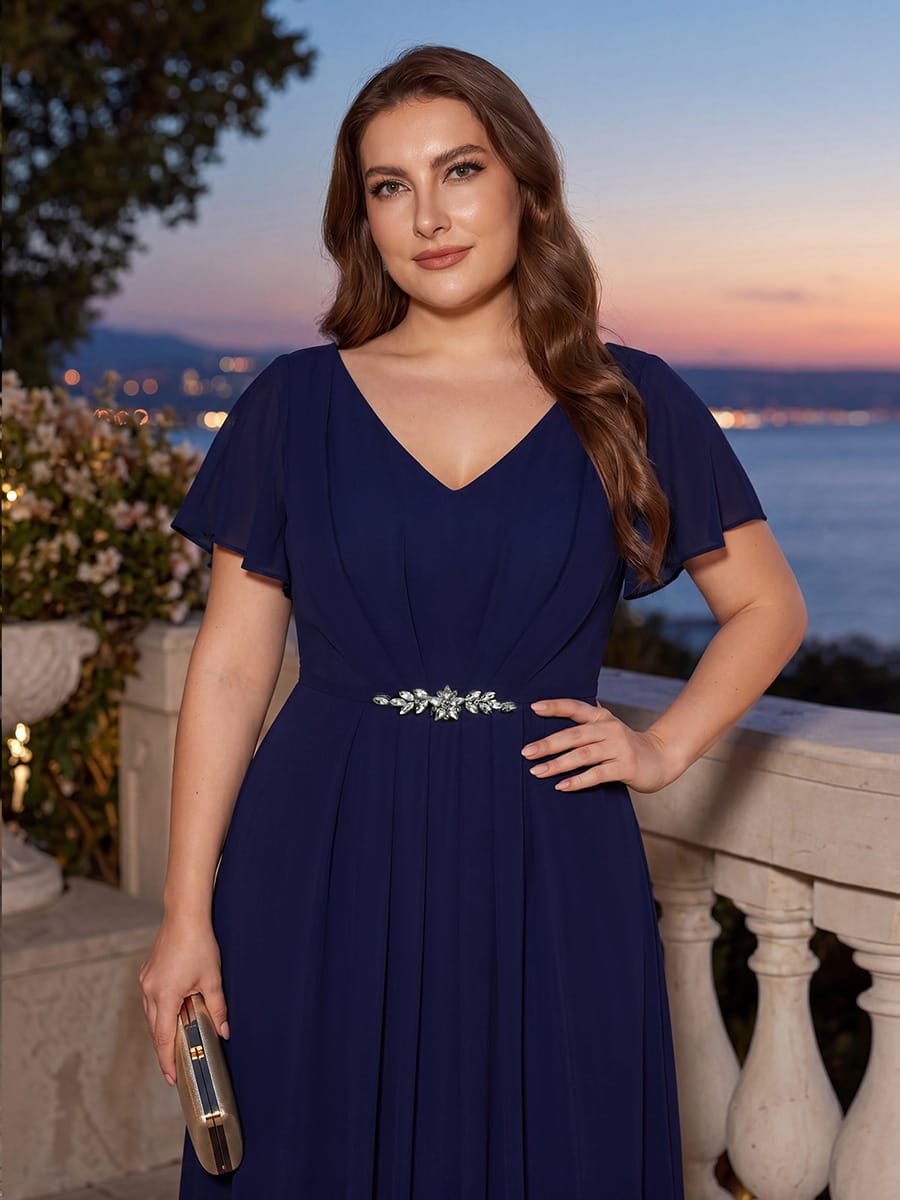 Rhinestone Embellished Chiffon Ruffle Sleeve Dress