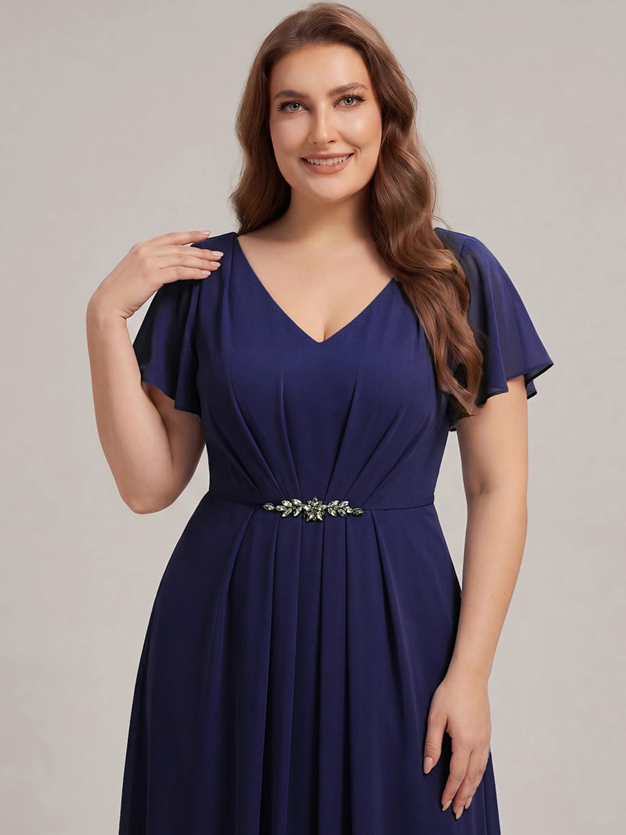 Rhinestone Embellished Chiffon Ruffle Sleeve Dress