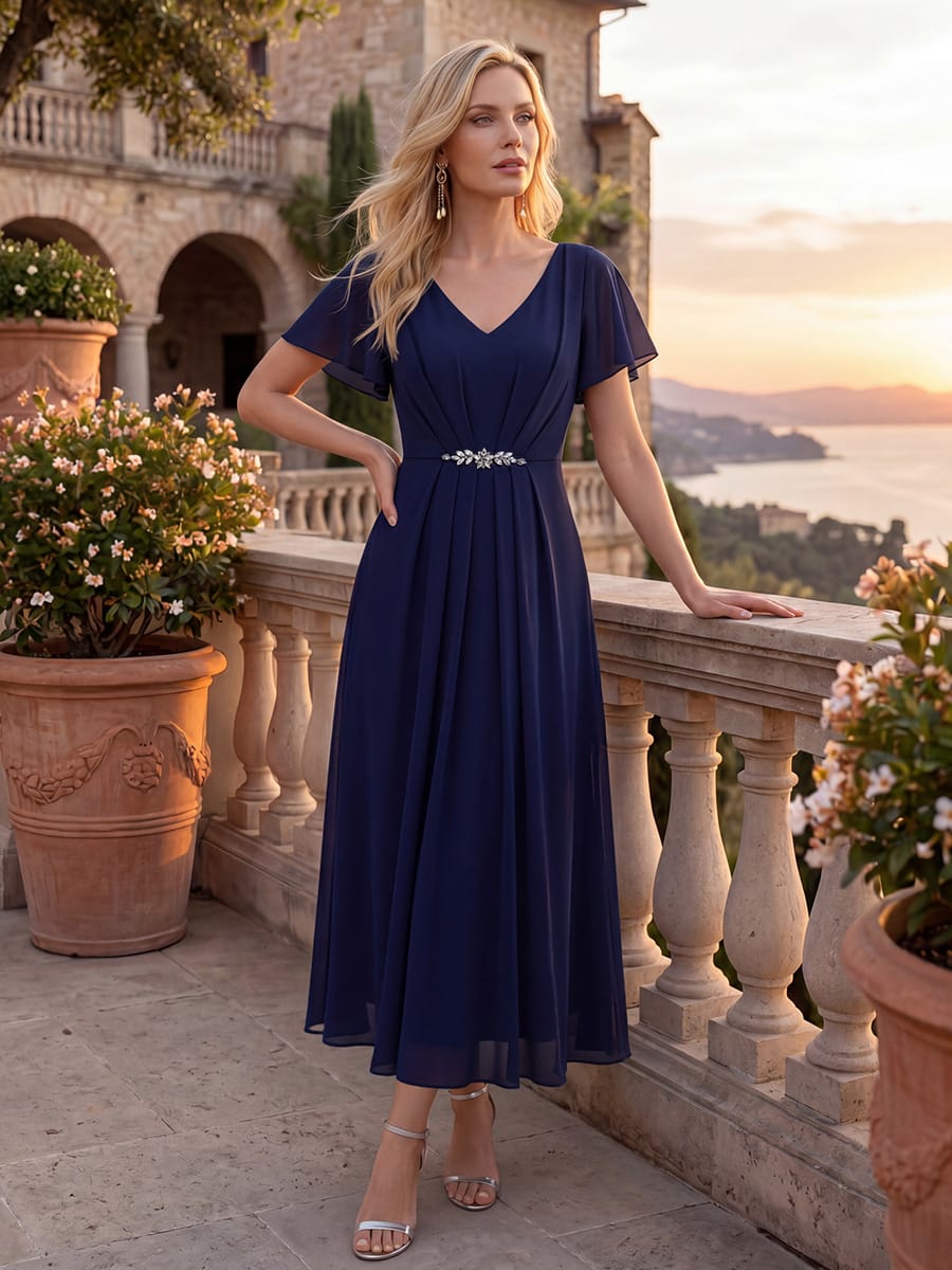 Rhinestone Embellished Chiffon Ruffle Sleeve Dress