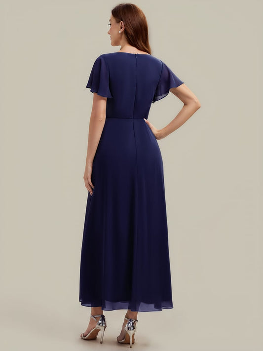 Rhinestone Embellished Chiffon Ruffle Sleeve Dress