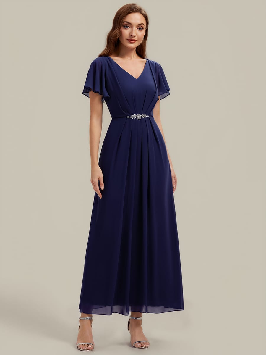 Rhinestone Embellished Chiffon Ruffle Sleeve Dress