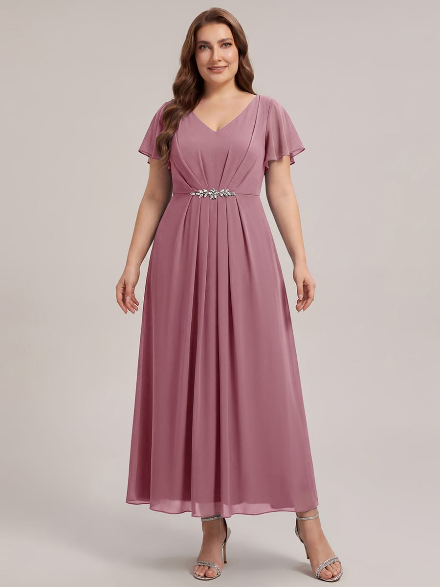 Rhinestone Embellished Chiffon Ruffle Sleeve Dress