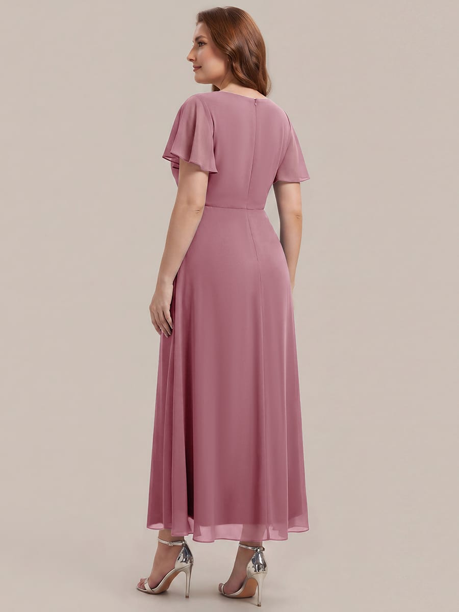 Rhinestone Embellished Chiffon Ruffle Sleeve Dress