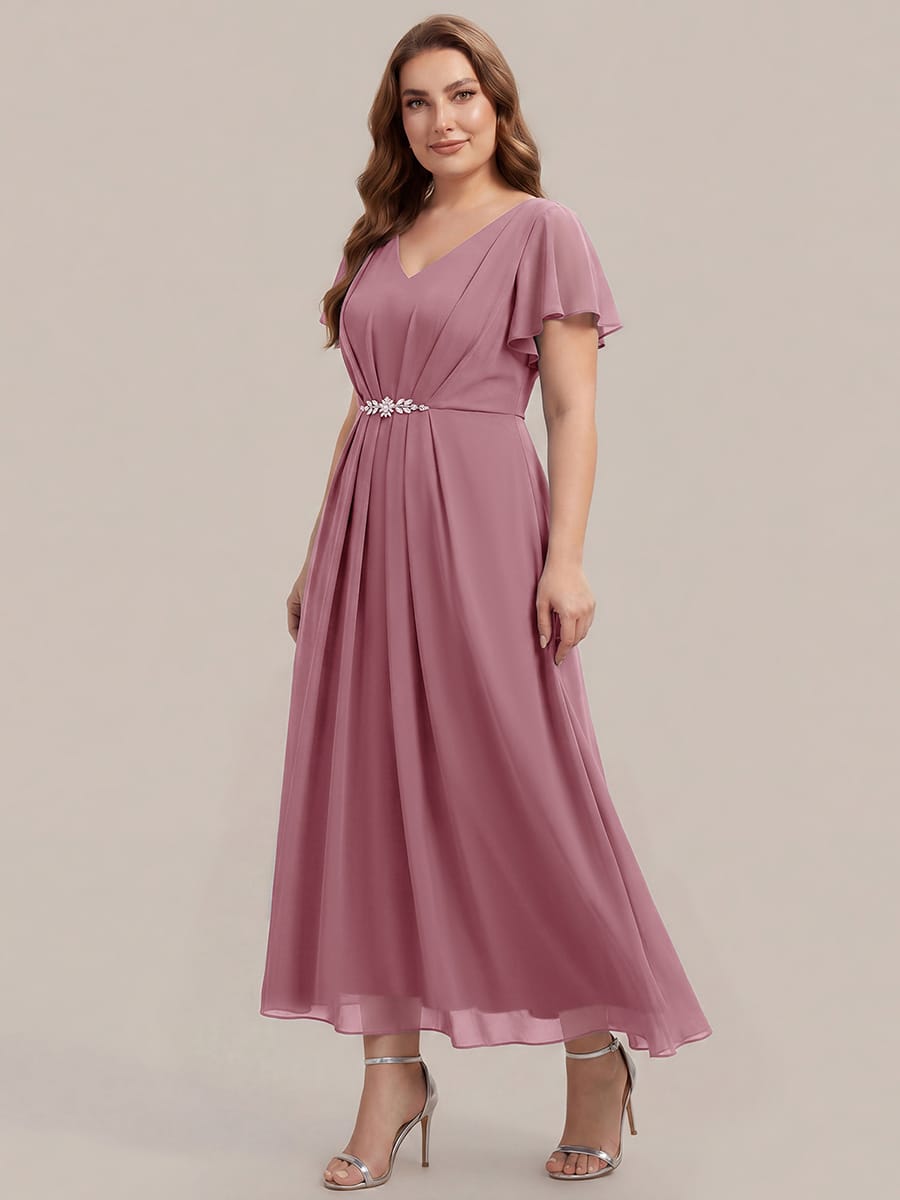 Rhinestone Embellished Chiffon Ruffle Sleeve Dress