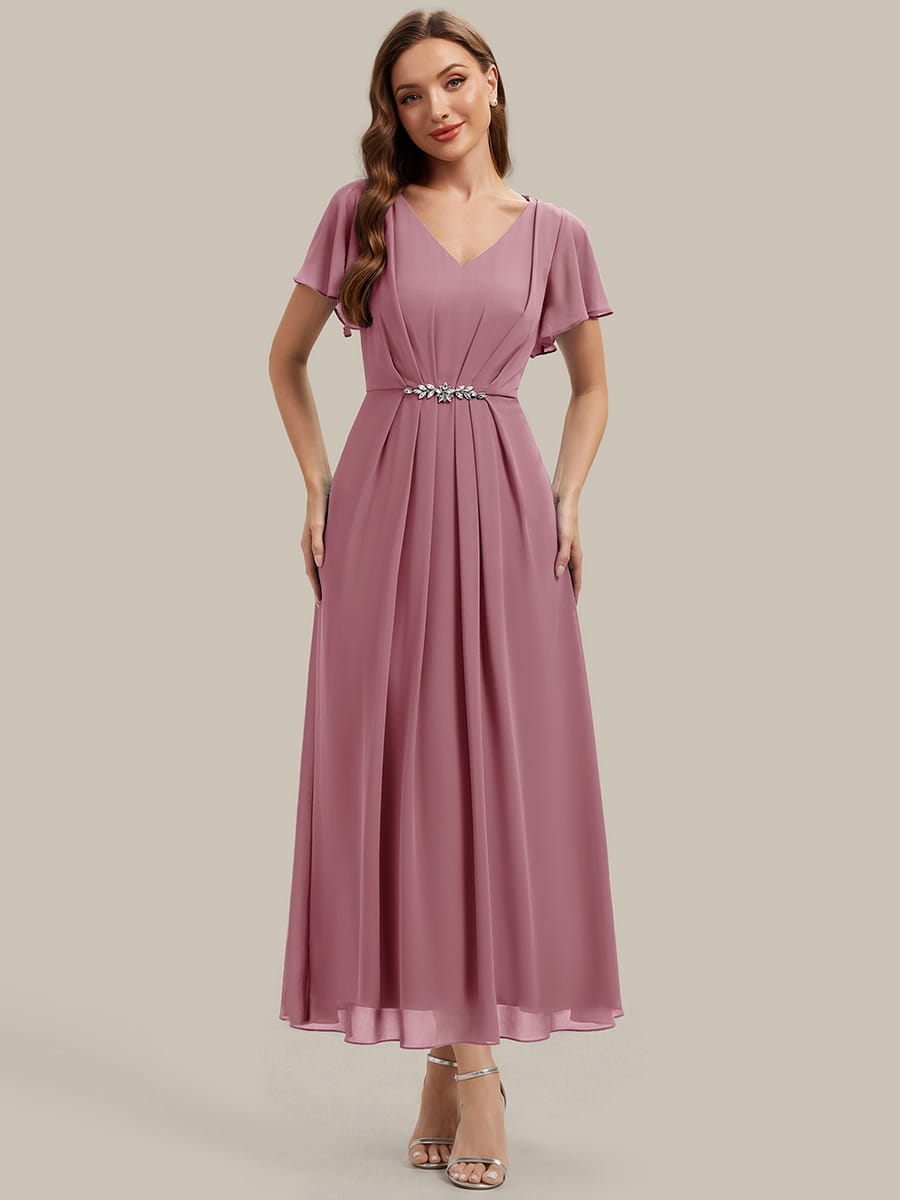 Rhinestone Embellished Chiffon Ruffle Sleeve Dress